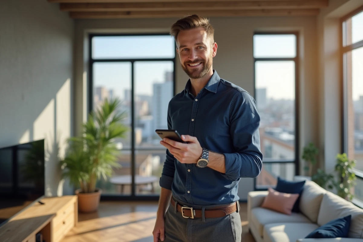 Agent immobilier consultant une plateforme numérique de gestion locative sur smartphone dans un appartement rénové
