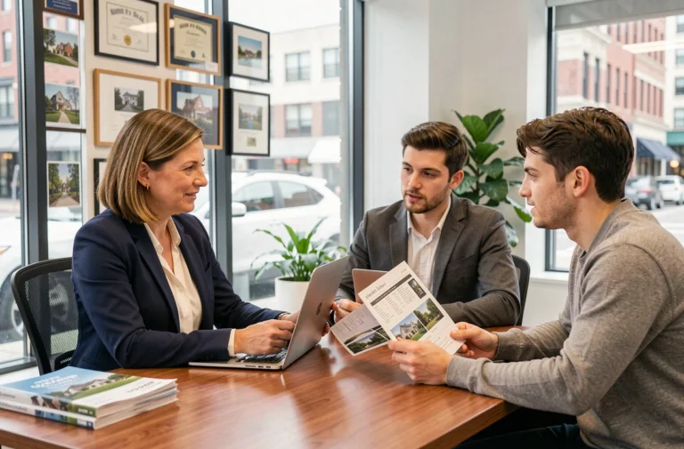 Agent immobilière expérimentée présentant des offres de location à un couple dans une agence immobilière moderne