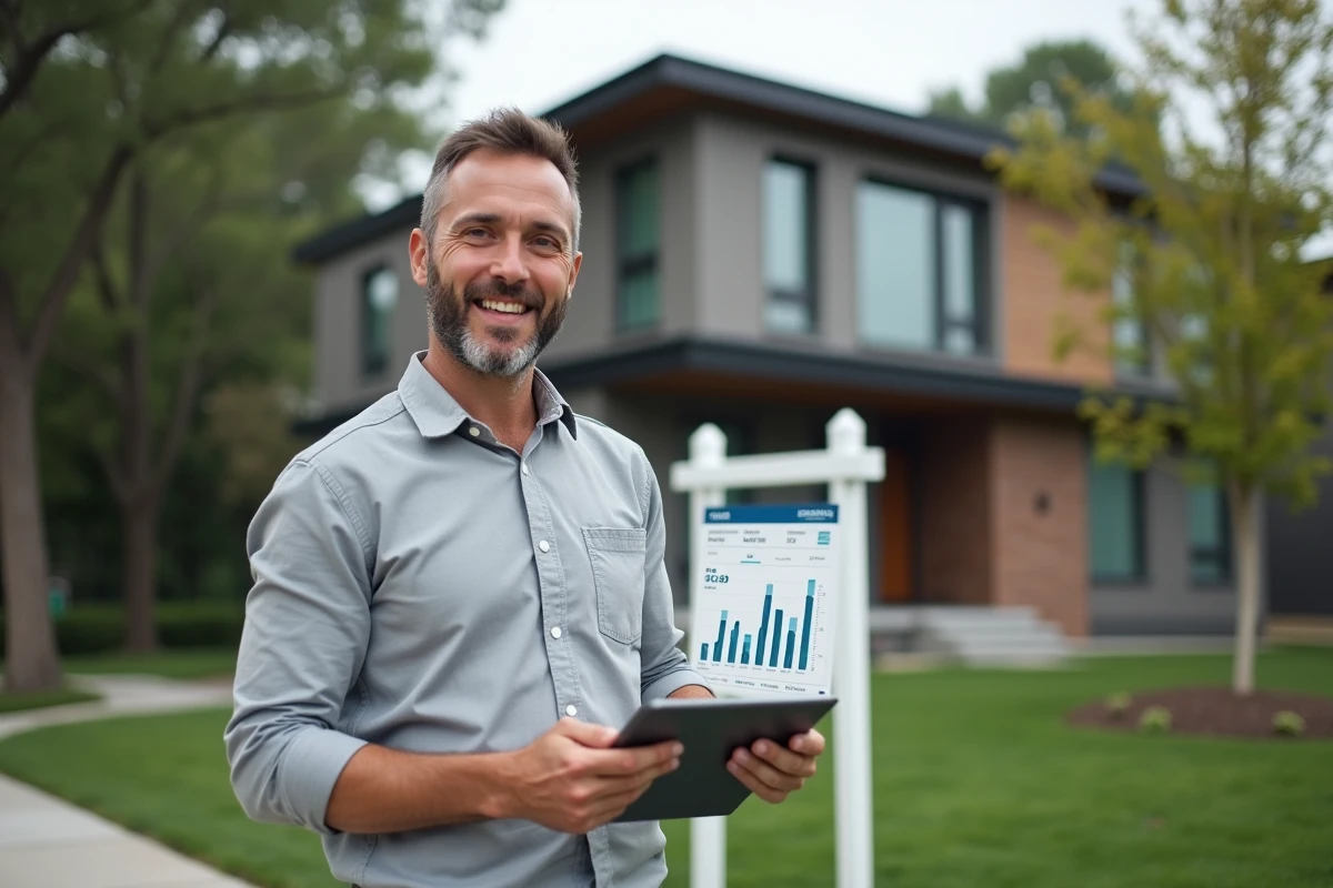 Agent immobilier consultant un tableau de bord de performance en ligne devant une maison résidentielle vendue