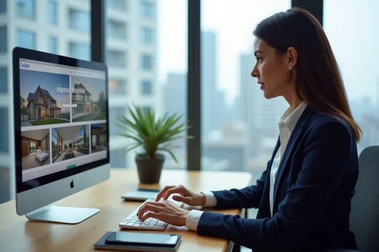 Agent immobilière optimisant la visibilité en ligne de ses annonces depuis son bureau moderne avec vue sur la ville