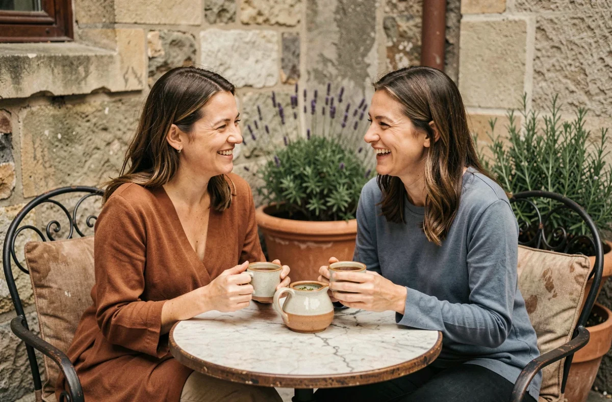 Deux femmes riant ensemble autour d'un thé en terrasse dans un cadre urbain authentique et apaisant