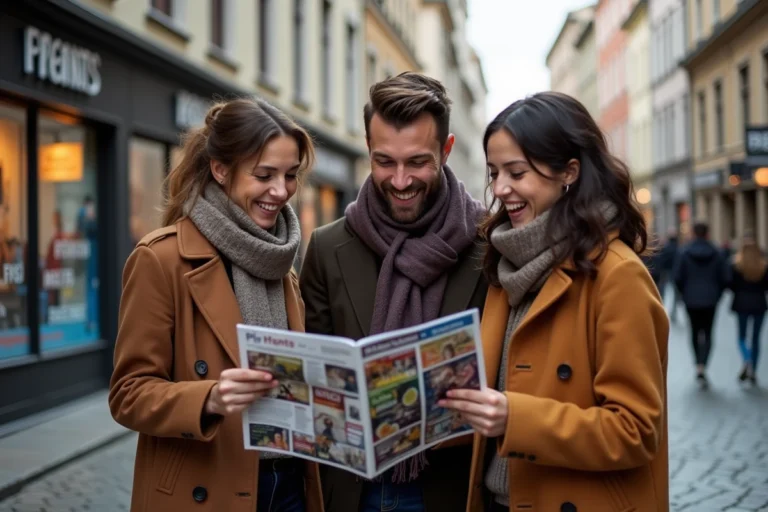 Groupe d'amis consultant un guide de sorties culturelles en ville en automne
