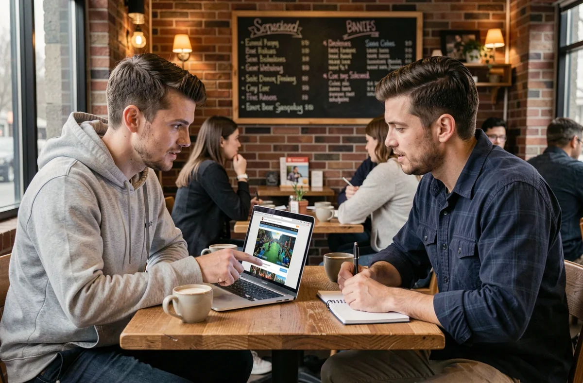 Deux amis consultant des ressources en ligne sur les jeux de société dans un café