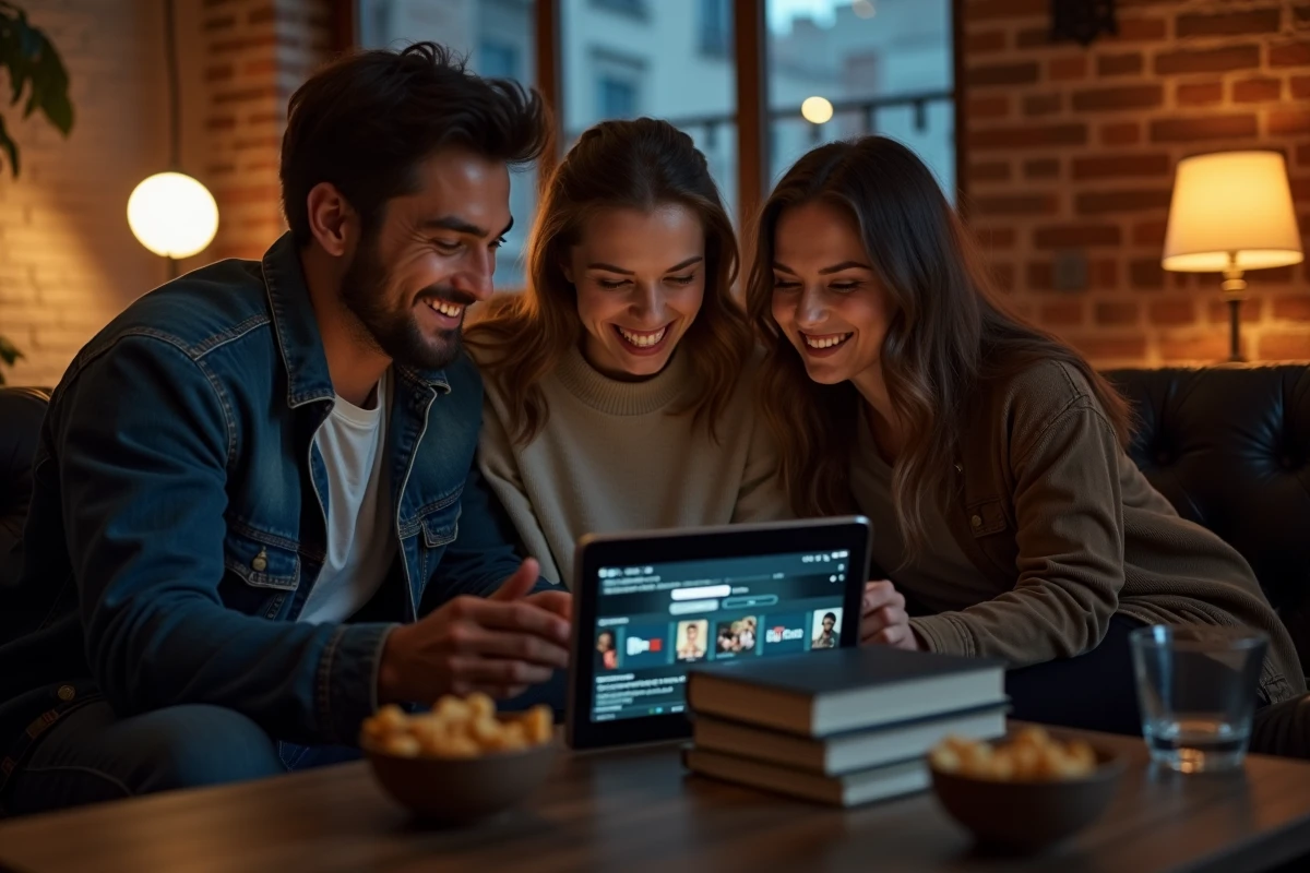 Groupe d'amis regardant ensemble une plateforme de streaming gratuit sur une tablette dans un appartement urbain