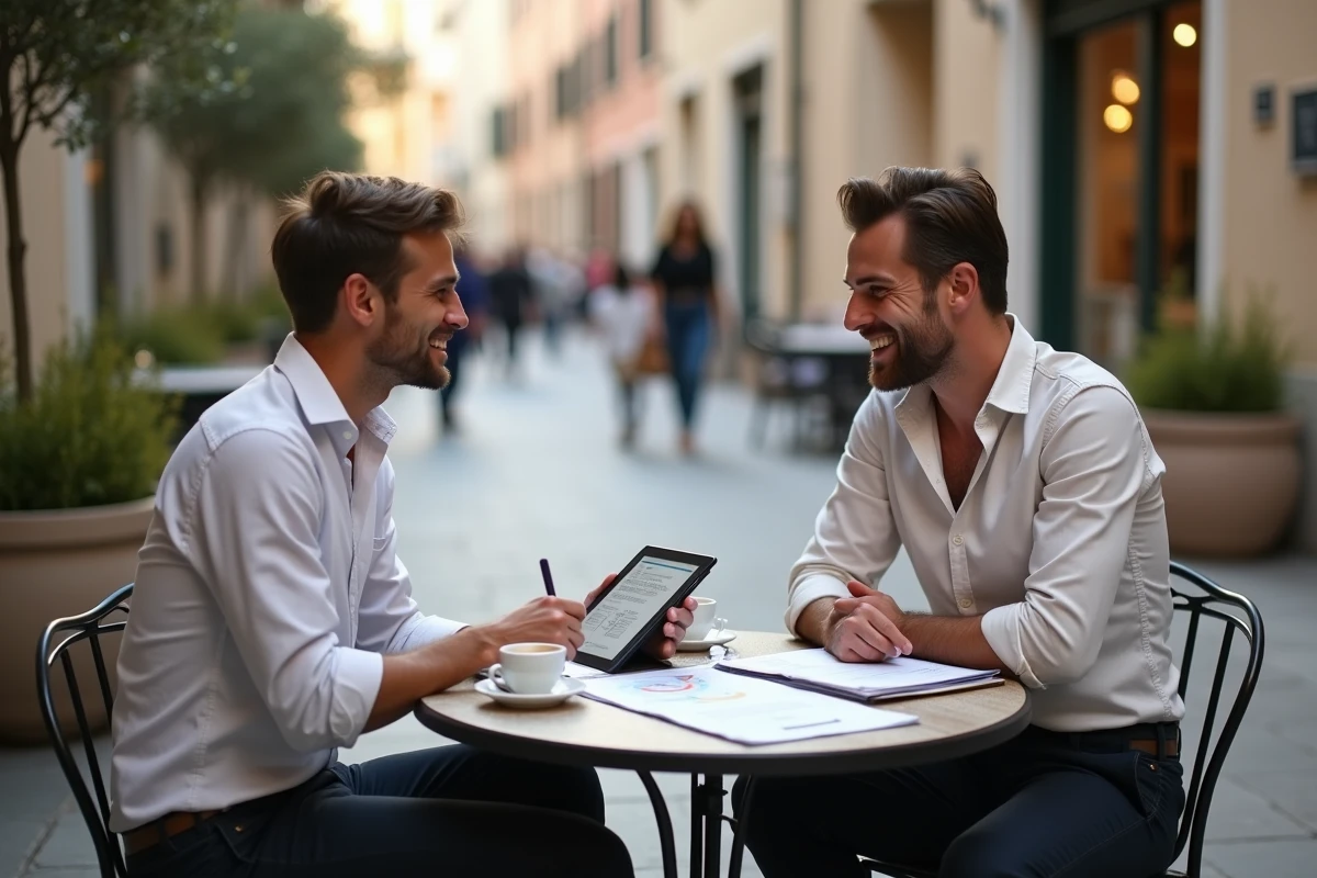 Deux associés discutant d'une stratégie de business en ligne autour d'une tablette en terrasse urbaine