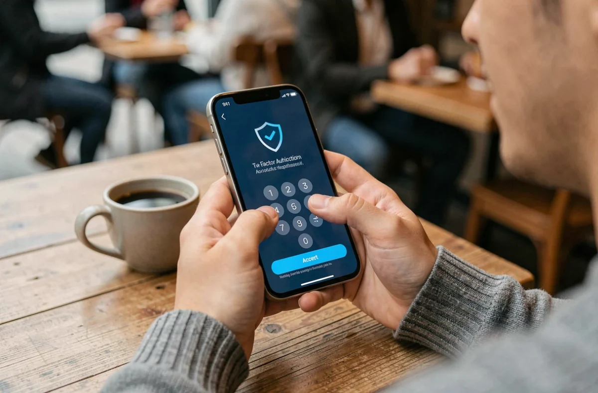 Authentification à deux facteurs sur smartphone dans un café, illustrant la protection des données personnelles