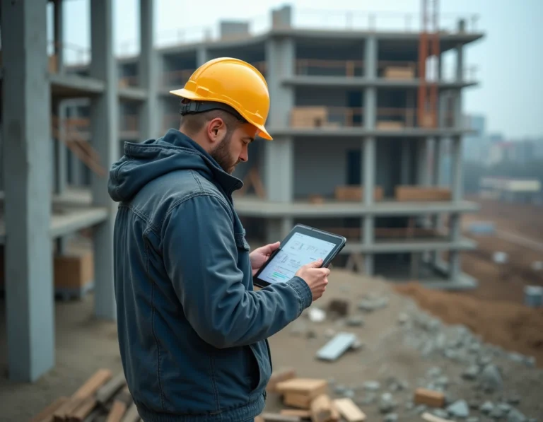 Chef de chantier BTP consultant une application de gestion sur tablette au milieu d'un chantier de construction
