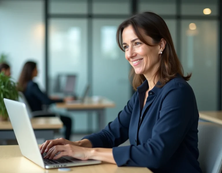 Employée Auchan connectée à son espace RH hr4you sur un ordinateur portable dans un bureau professionnel