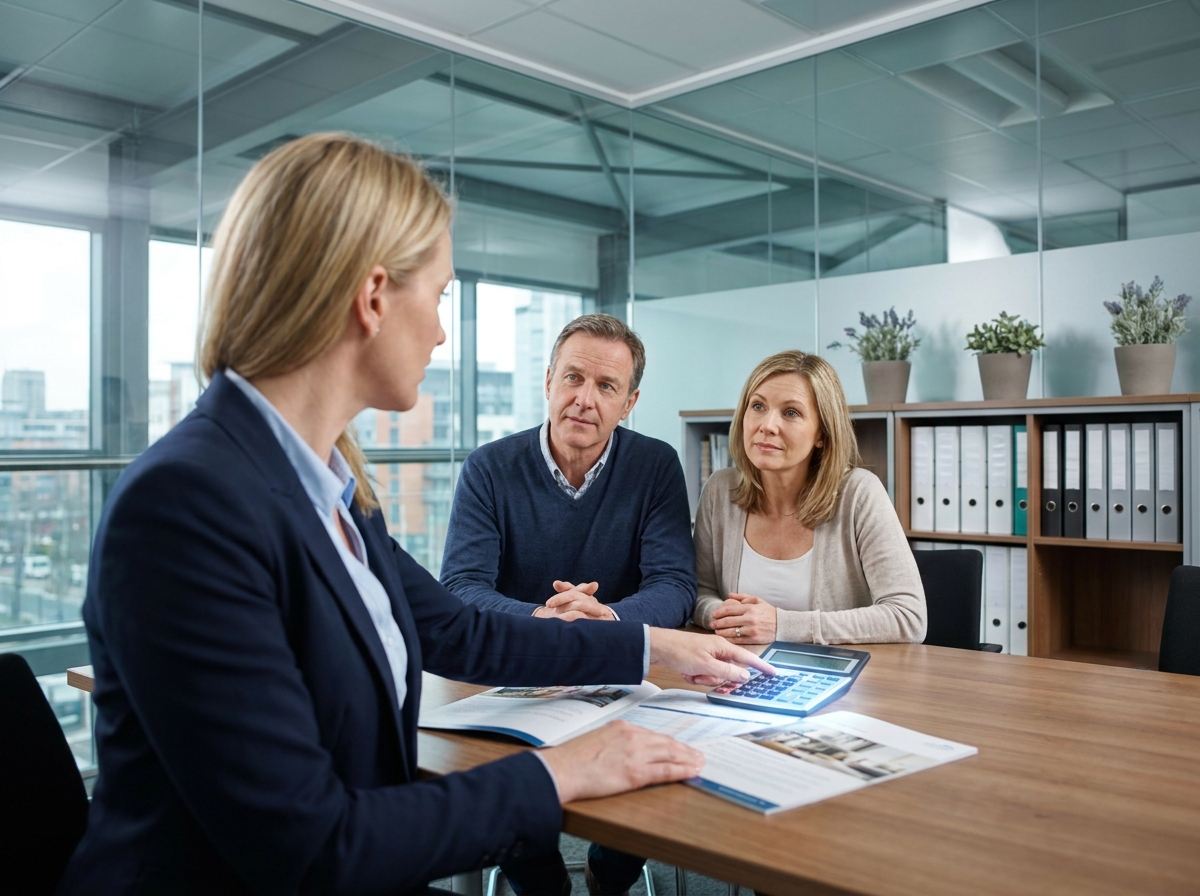 Conseillère en prêt immobilier expliquant des options à un couple