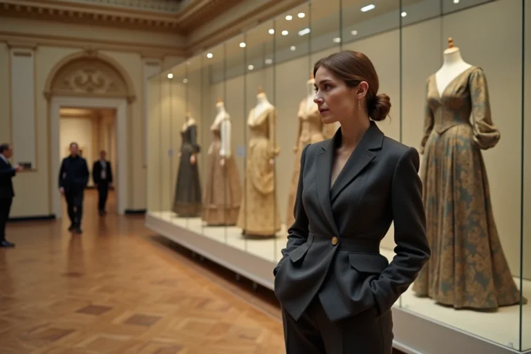 Conservatrice de musée examinant des robes de cour du 18e siècle dans une vitrine muséale, illustrant l'histoire de la mode à travers les époques