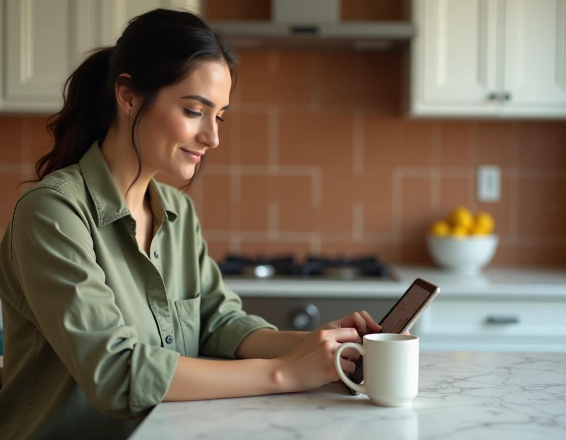 Femme consultant l'application Zalando Seconde Main sur une tablette dans une cuisine moderne pour acheter ou vendre des articles de mode