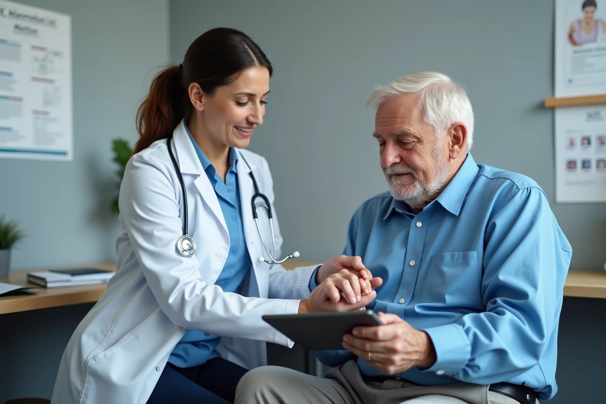 Une médecin évaluant l'état de santé d'un patient âgé lors d'une consultation médicale dédiée à la prévention de la fragilité
