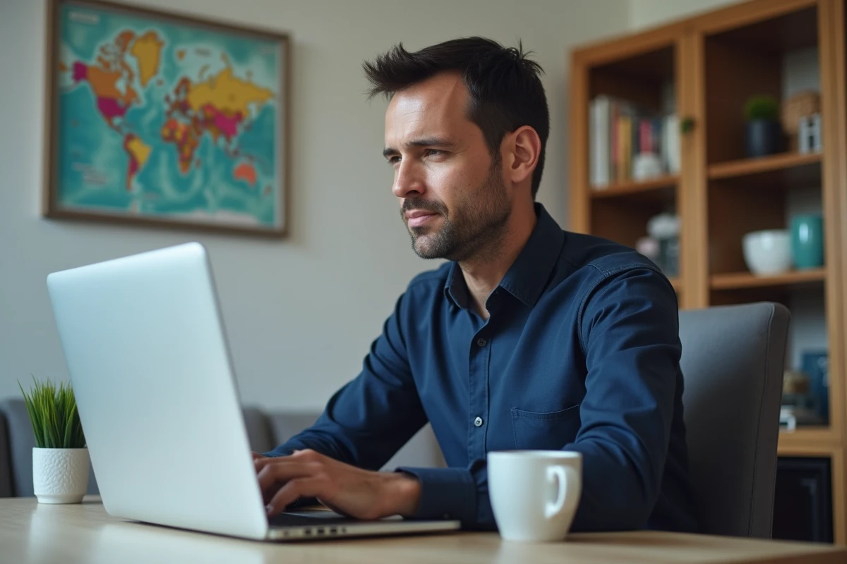 Homme consultant ses anciens séjours sur Booking via un ordinateur portable dans un bureau à domicile