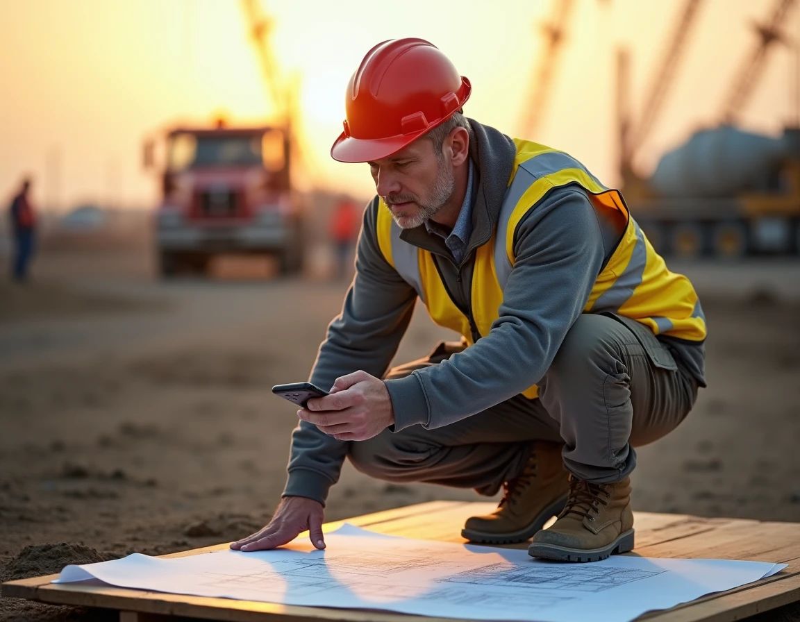 Contremaître BTP accroupi consultant son smartphone et des plans papier sur un grand chantier de construction en extérieur