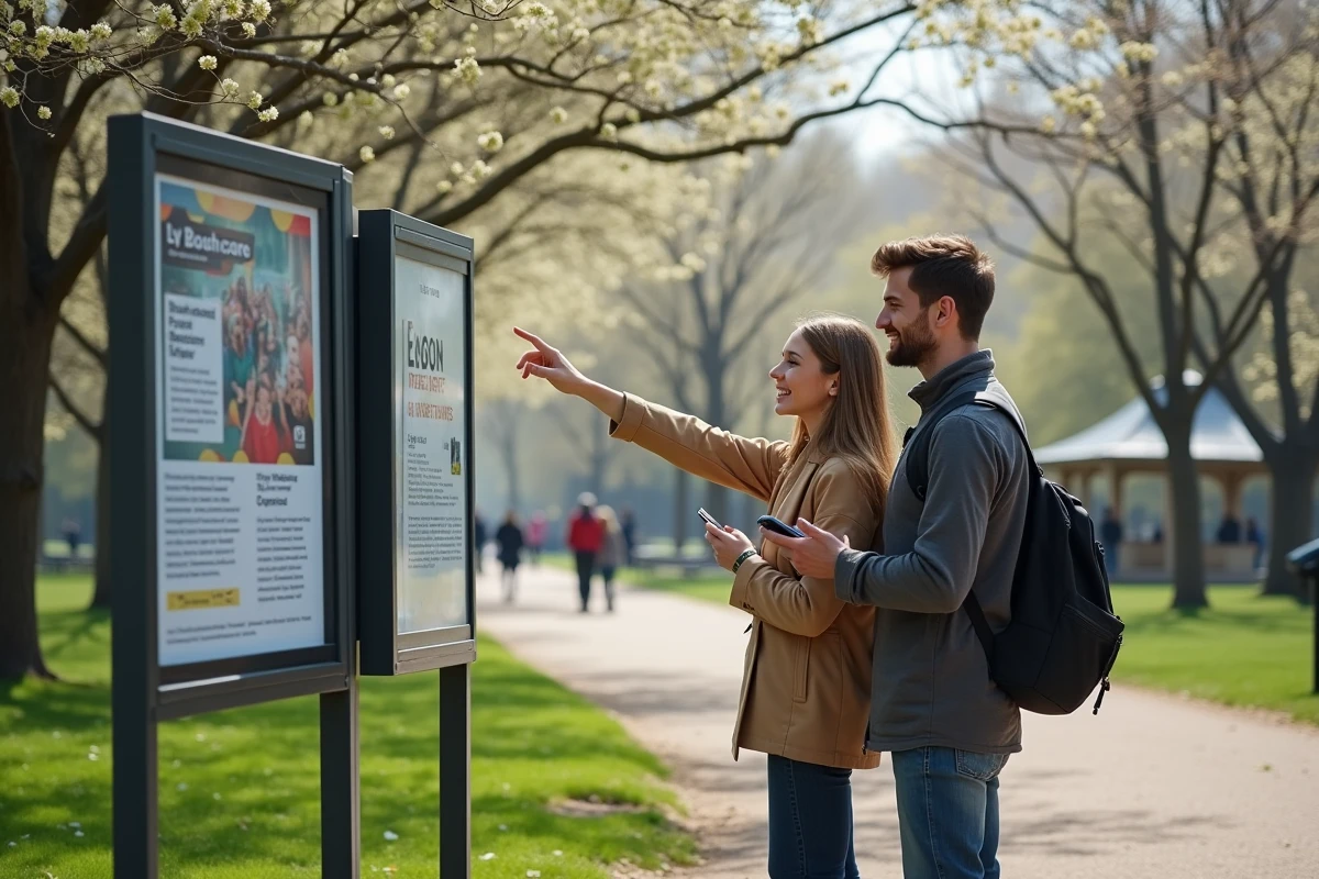 Jeune couple découvrant des affiches d'événements culturels sur un panneau dans un parc urbain