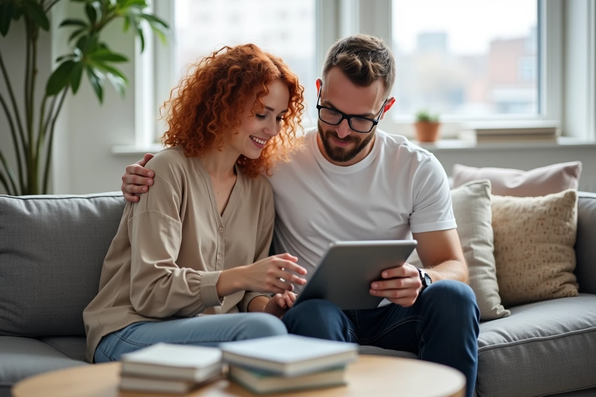 Couple consultant l'historique de réservations Booking sur une tablette dans un salon scandinave