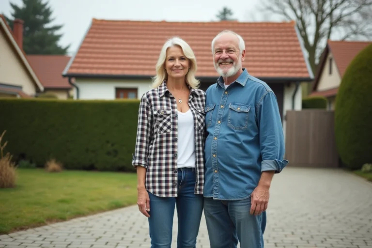 Couple devant leur maison dans un quartier résidentiel