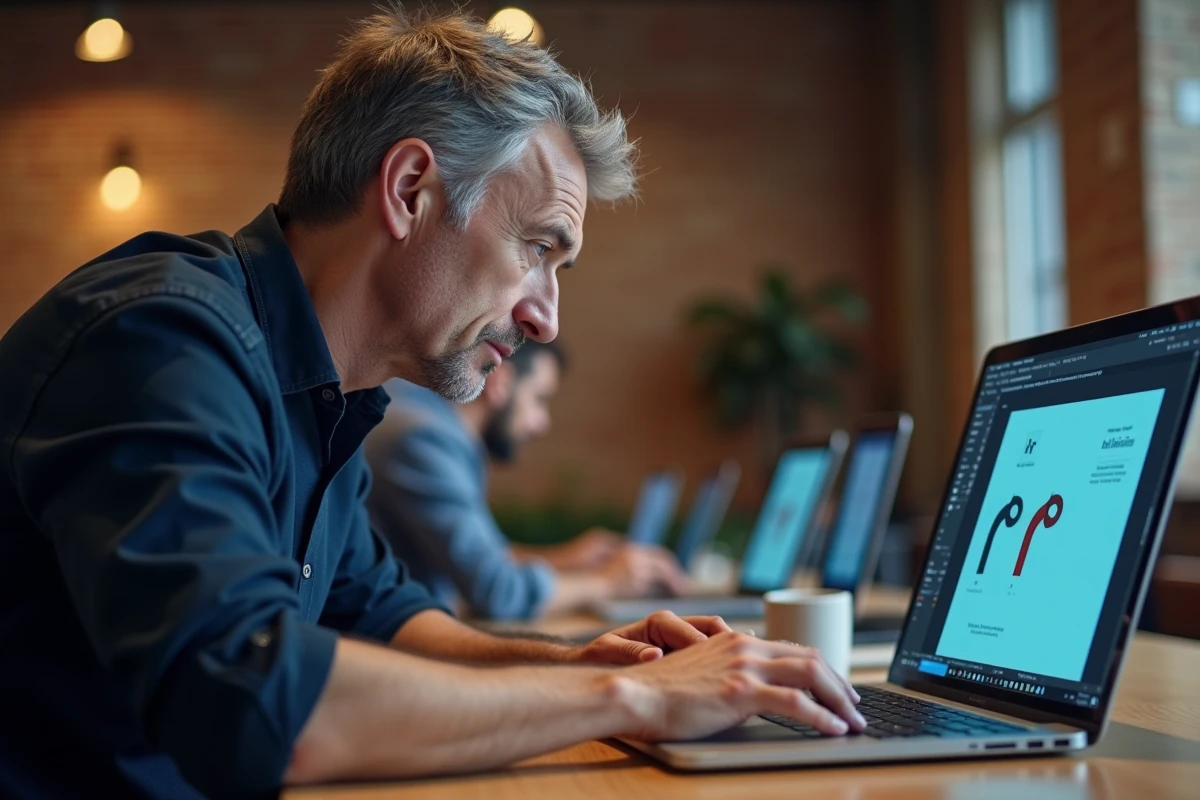 Designer graphique masculin travaillant sur InDesign dans un espace de coworking pour créer des flèches vectorielles