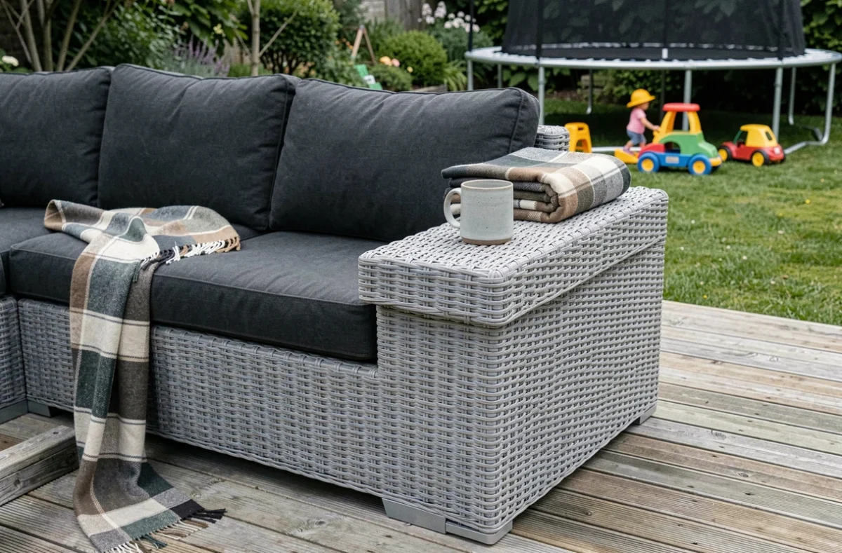 Détail d'un canapé d'angle en résine tressée pour jardin avec coussins épais, idéal pour une grande famille, sur une terrasse en bois