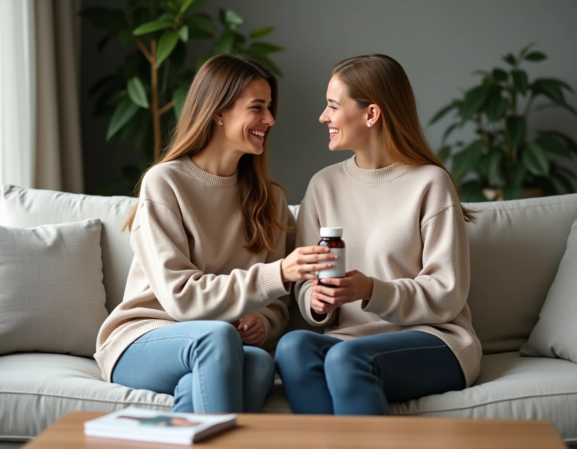 Deux femmes discutant des effets d'un produit capillaire Good Hair assises sur un canapé dans un salon moderne et chaleureux