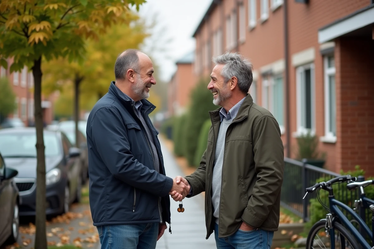 Deux hommes échangeant des clés devant une maison dans un quartier résidentiel