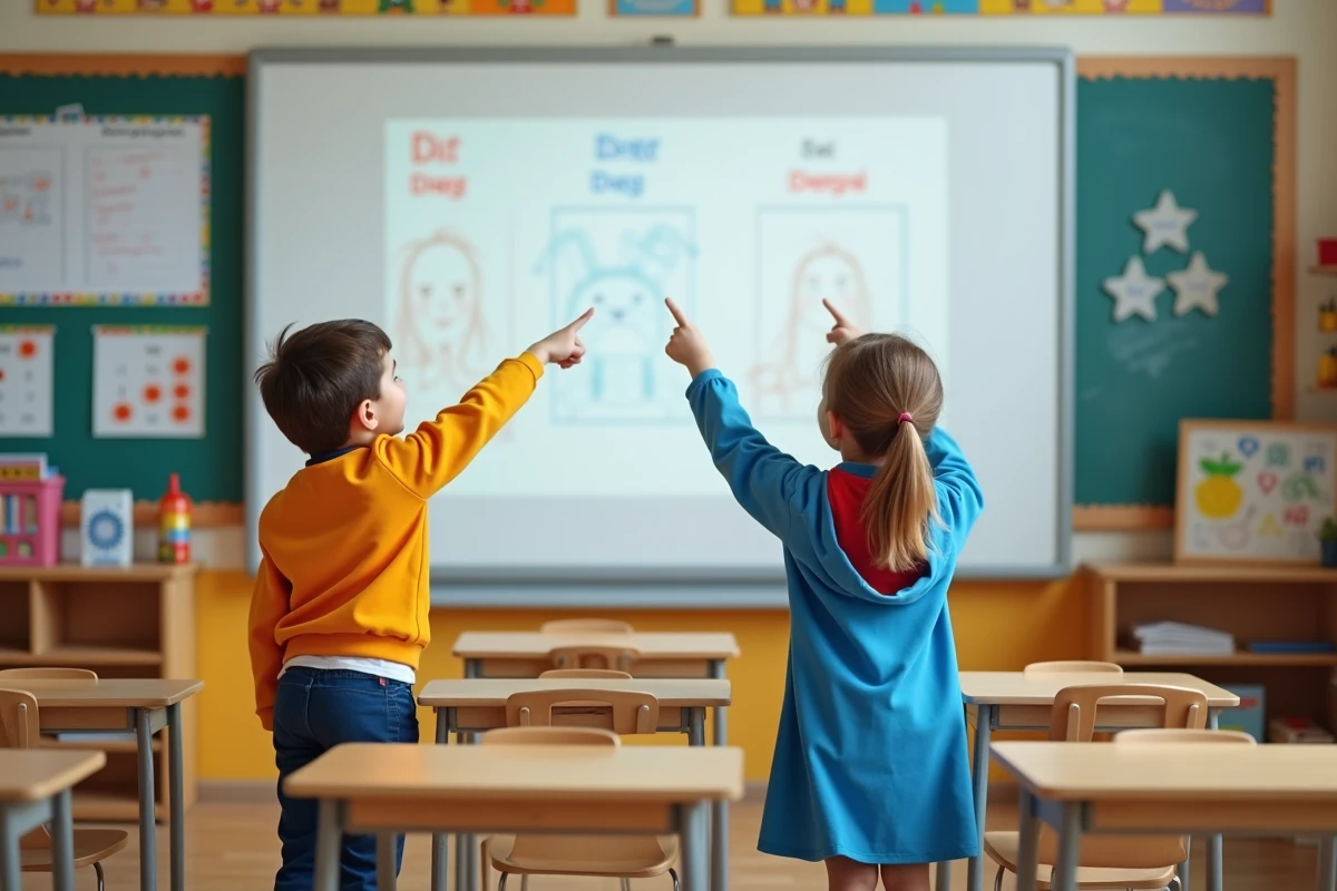 Deux élèves jouent devant un grand tableau blanc en classe