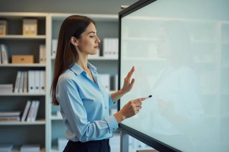 Professeure examine deux tableaux blancs en classe moderne