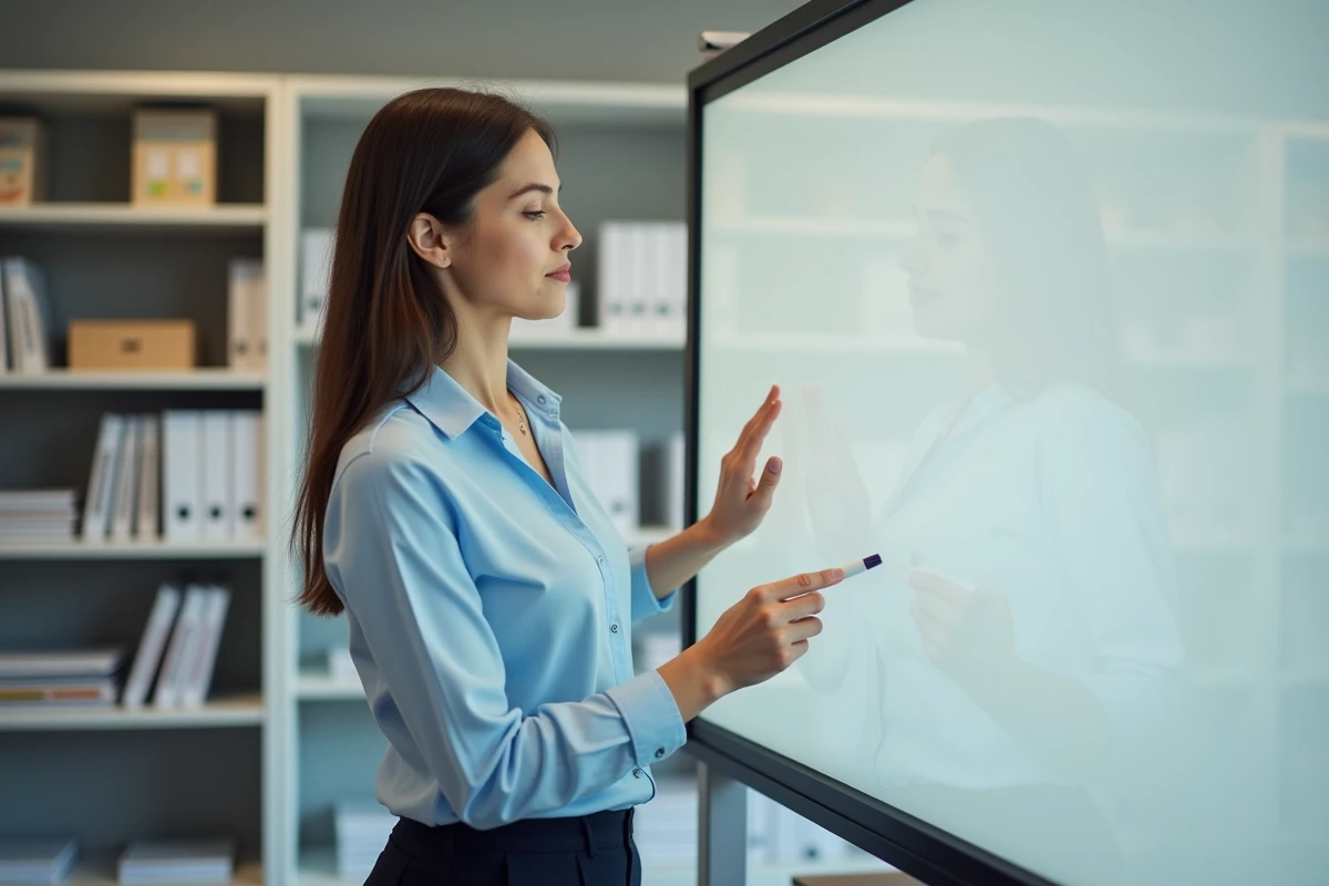 Professeure examine deux tableaux blancs en classe moderne