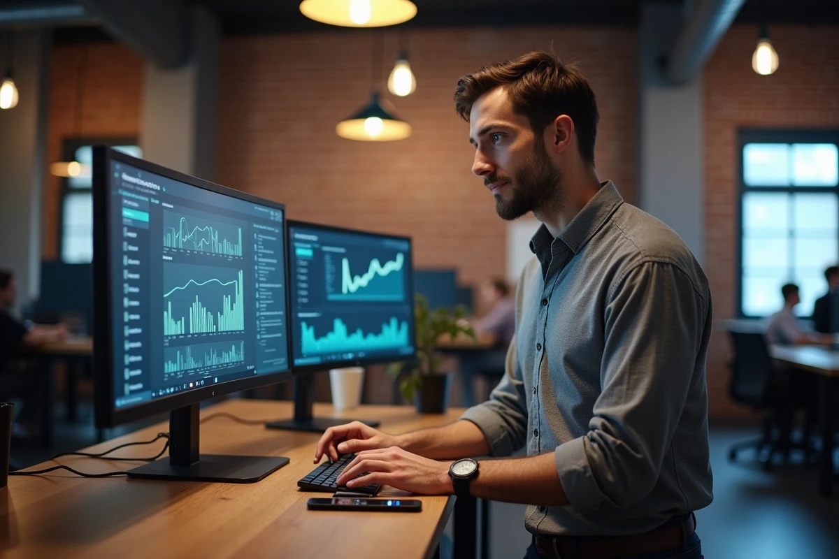 Entrepreneur masculin analysant des données e-commerce sur double écran dans un espace de coworking pour réussir son business en ligne
