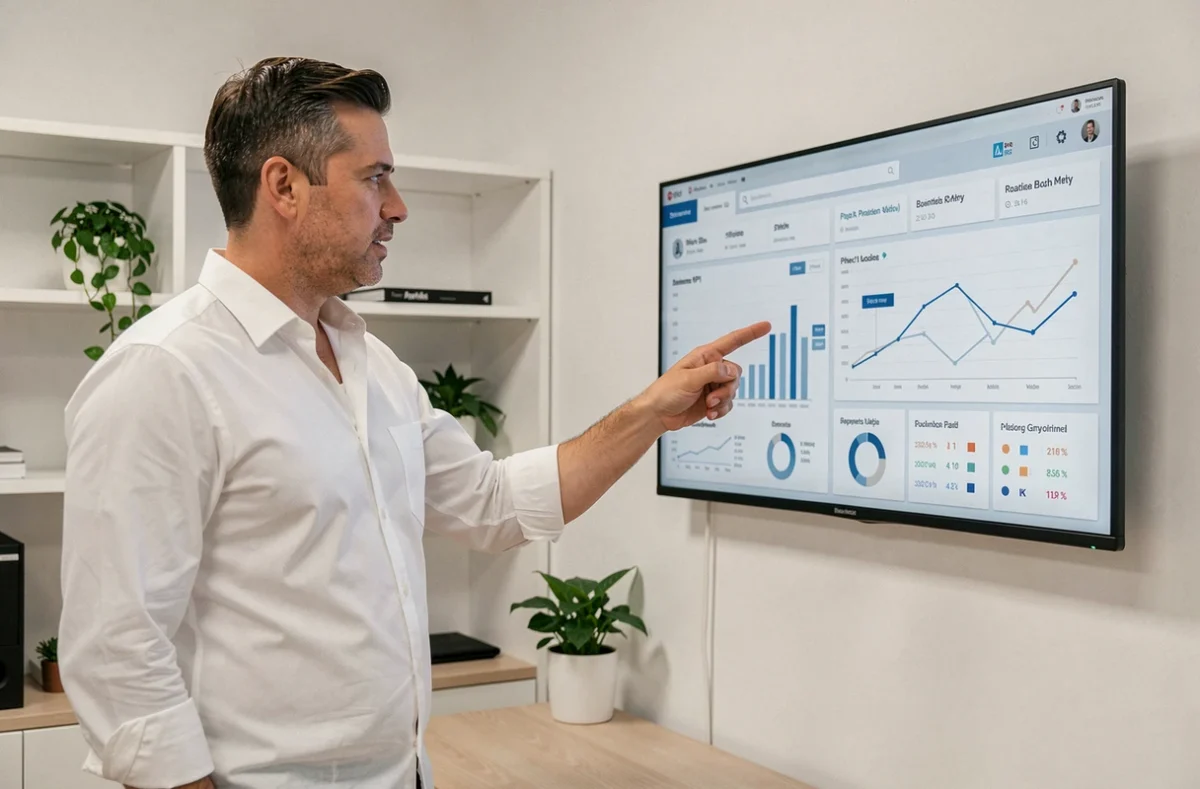 Entrepreneur présentant des indicateurs clés de performance sur un tableau de bord numérique dans un bureau moderne de startup