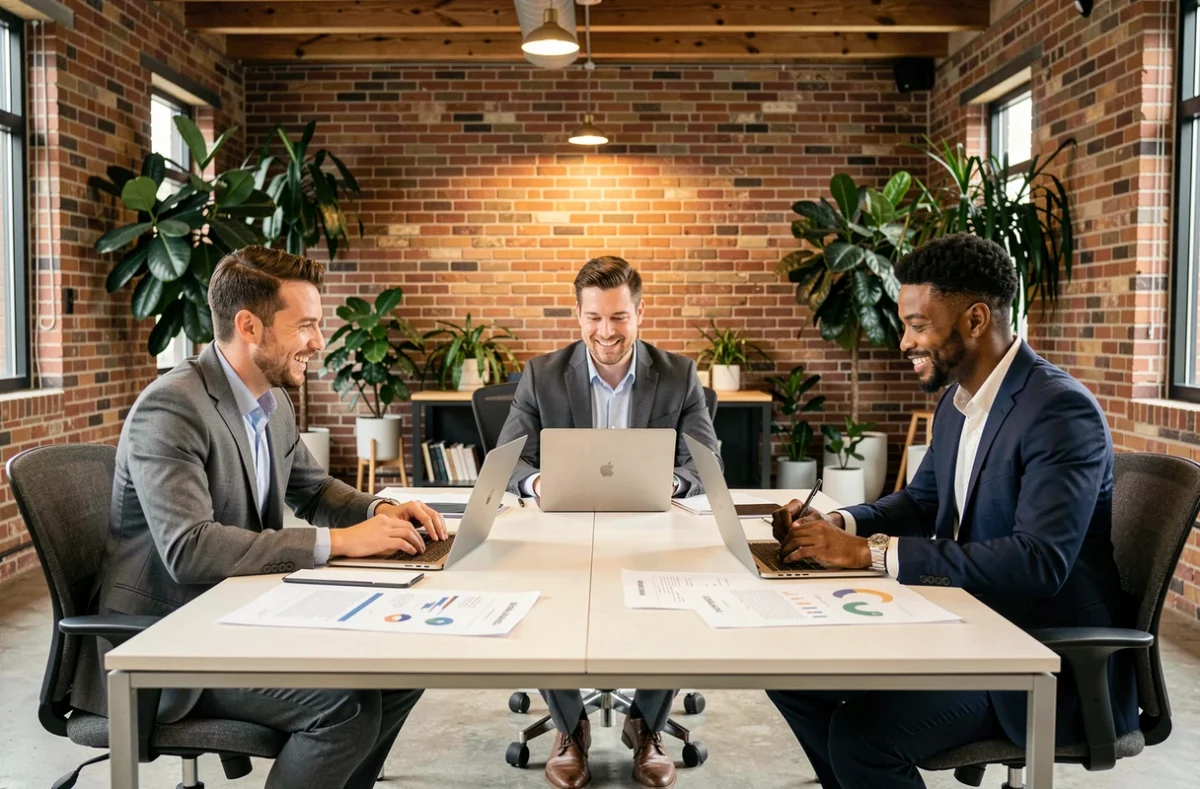 Équipe de professionnels collaborant autour d'une table de conférence dans un espace de coworking moderne pour améliorer la performance d'entreprise