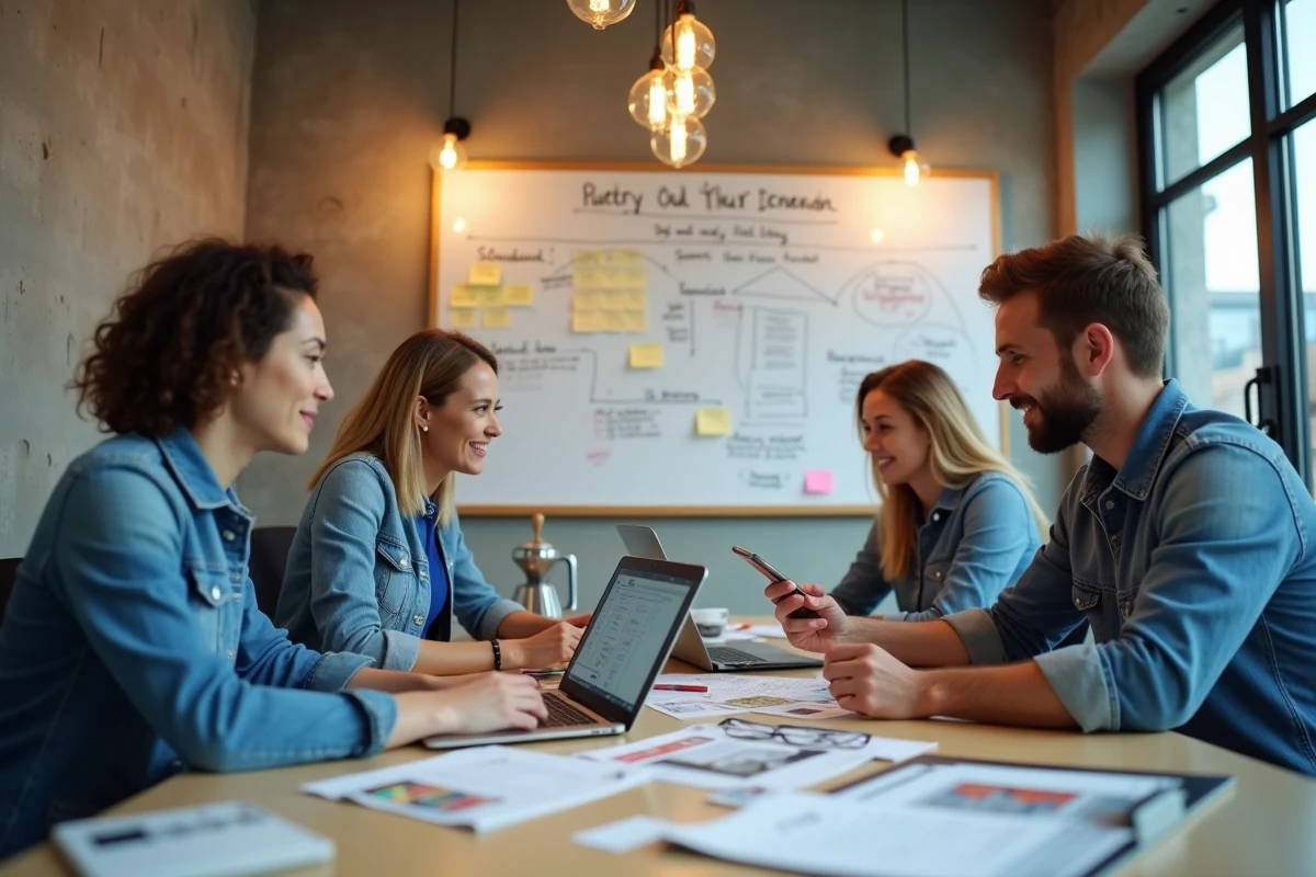 Équipe immobilière collaborant sur une stratégie de marketing digital et de visibilité en ligne dans un espace de coworking