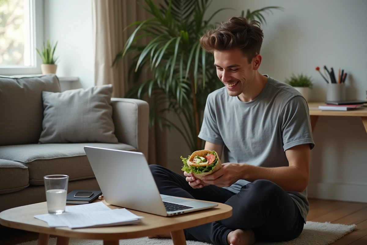 Étudiant mangeant un wrap maison tout en révisant sur son ordinateur portable dans un salon étudiant