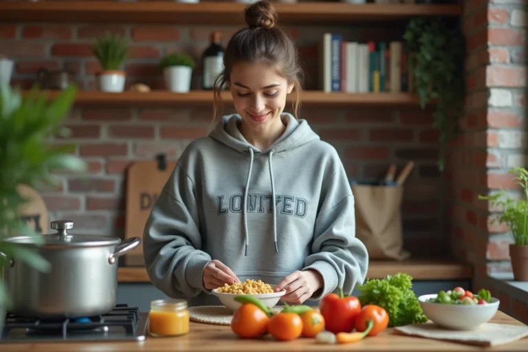 Étudiante préparant un repas rapide et équilibré dans une petite cuisine de studio universitaire