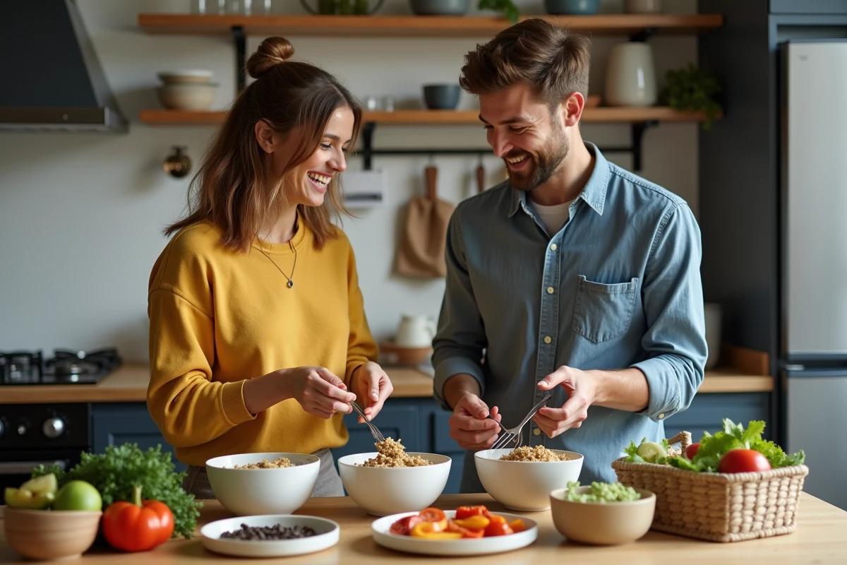 Deux étudiants en colocation préparant ensemble des Buddha bowls rapides dans une cuisine partagée
