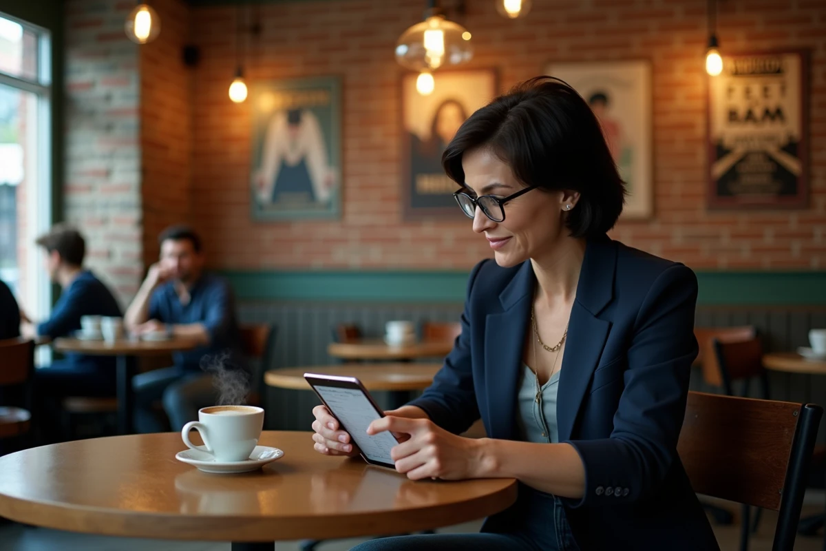Femme consultant un agenda de sorties culturelles sur tablette dans un café parisien