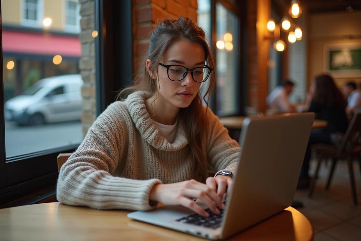 Femme dans un café recherchant des forums sur eMule