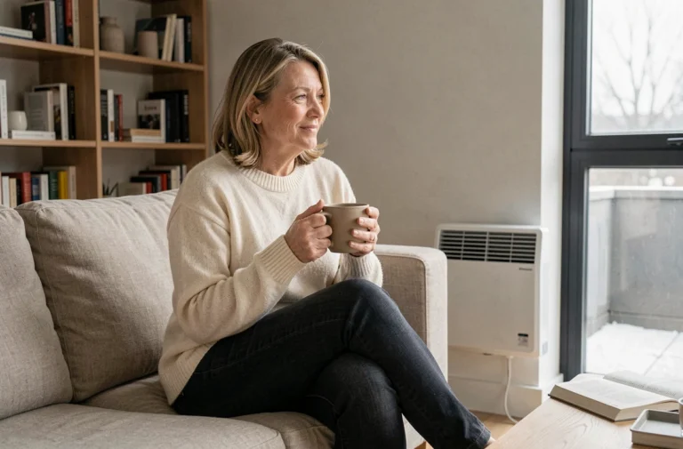 Femme assise près d'un panneau de chauffage cinétique mural dans un salon moderne et confortable en hiver