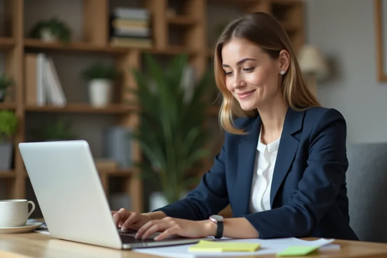 Femme entrepreneur concentrée sur son ordinateur portable dans un bureau à domicile moderne pour développer son business en ligne