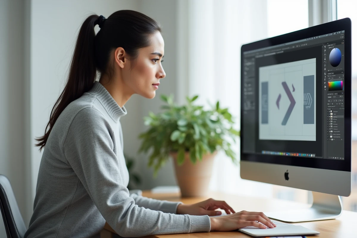 Femme utilisant Adobe InDesign sur un iMac pour créer des flèches dans un projet éditorial