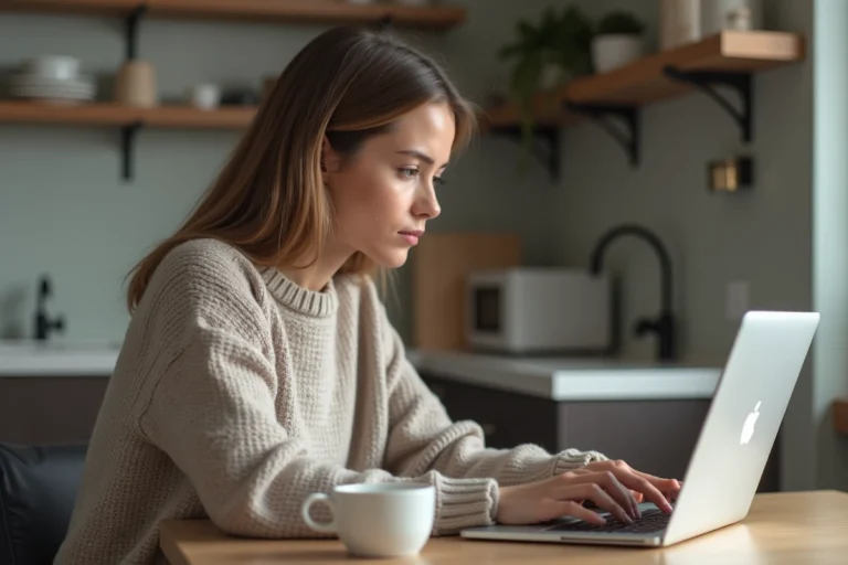 Jeune femme regardant son ordinateur en review en intérieur