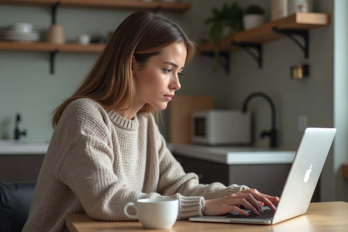 Jeune femme regardant son ordinateur en review en intérieur