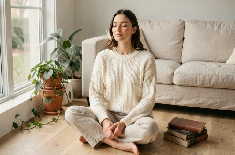 Femme sereine en position méditative sur un parquet en bois clair dans un intérieur minimaliste et chaleureux