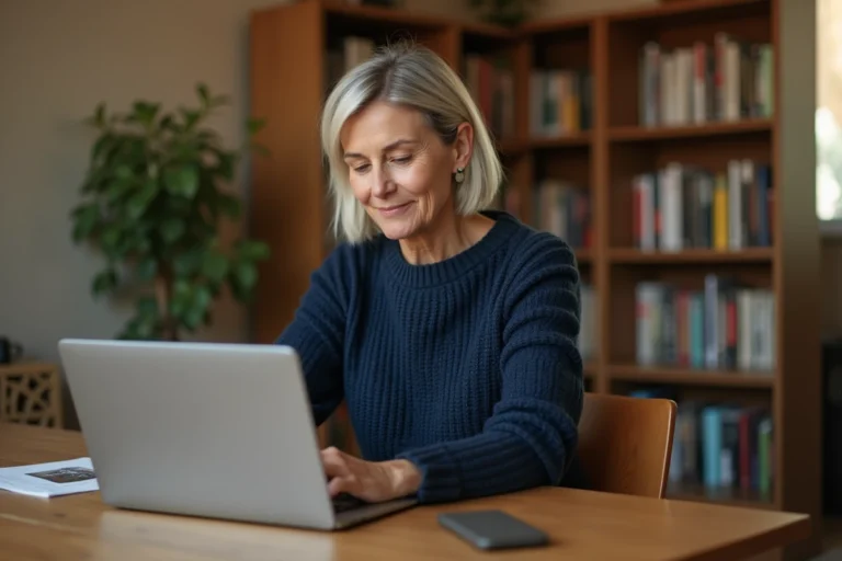 Femme utilisant la messagerie Zimbra Alice sur un ordinateur portable dans un bureau à domicile