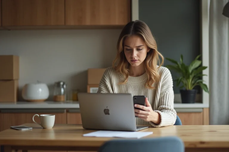 Jeune femme lisant un message préoccupée dans sa cuisine