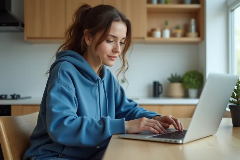 Femme en hoodie bleu utilisant un ordinateur portable à la maison