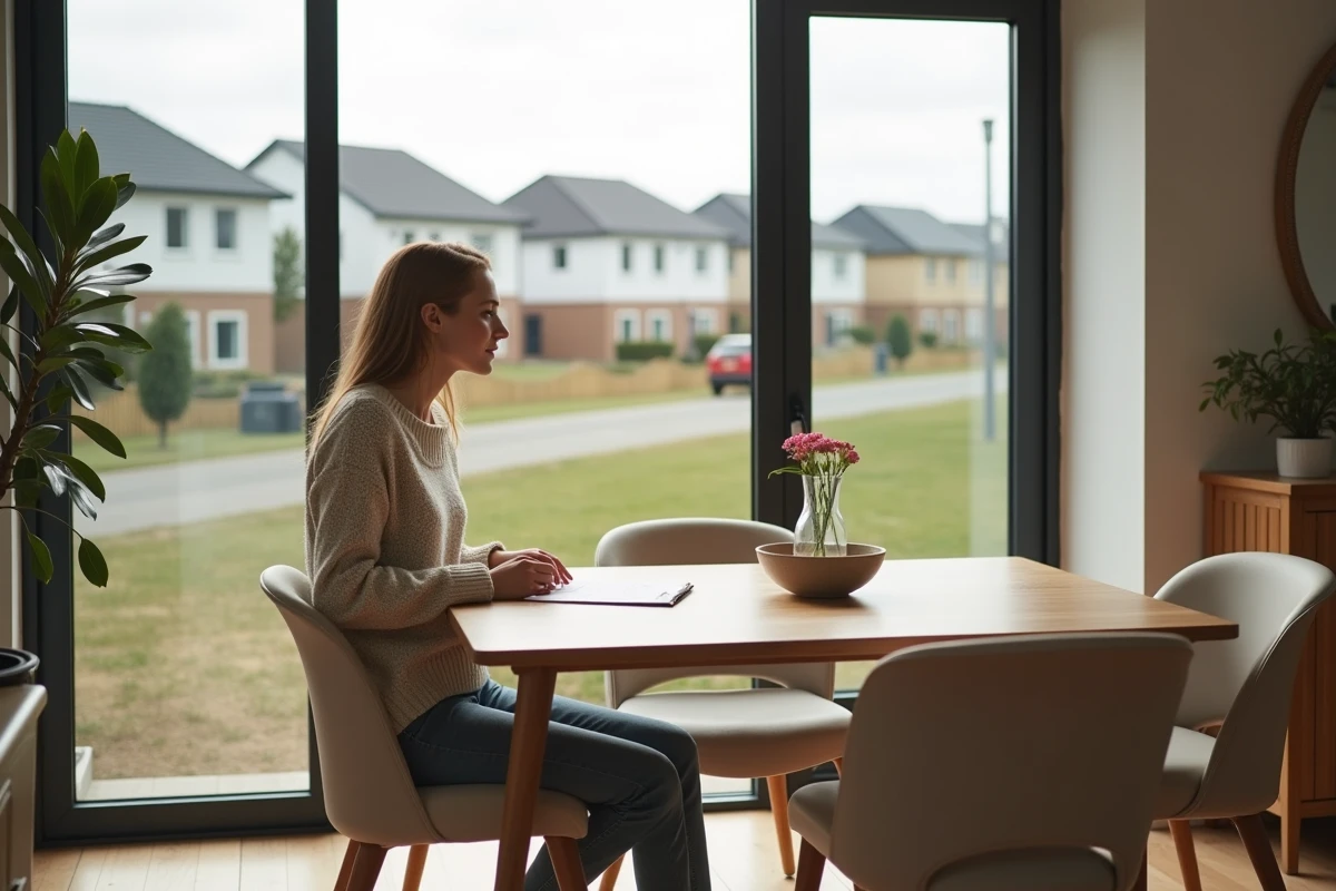 Femme assise à la table dans une maison moderne