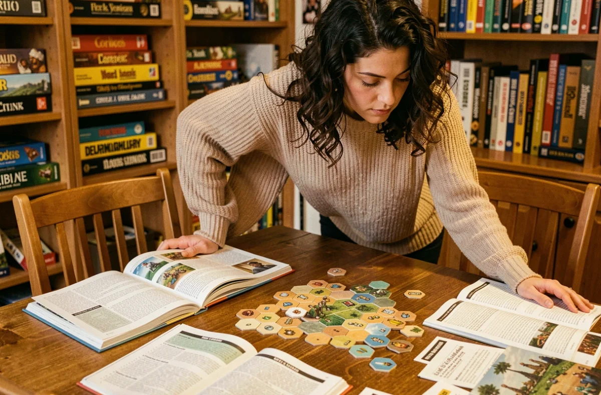 Femme étudiant des règles de jeux de société à une table en bois avec des plateaux et fiches de référence