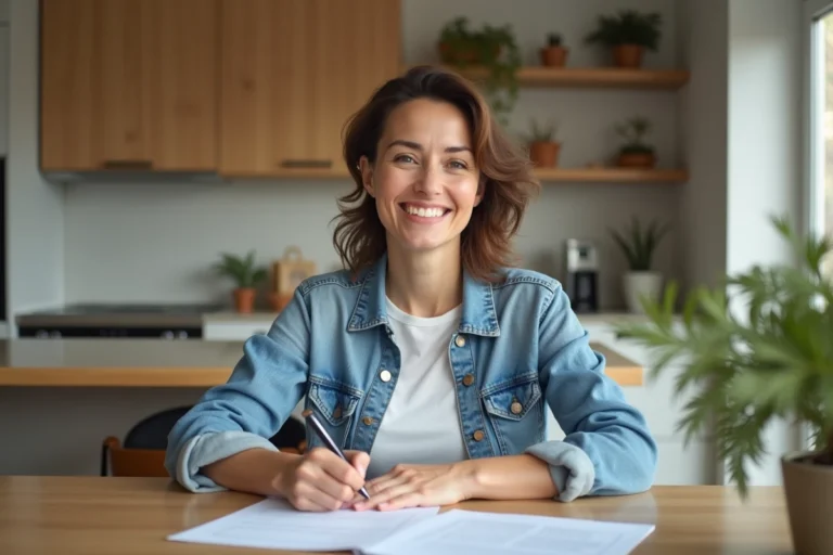 Femme souriante signant des papiers de maison dans une cuisine lumineuse