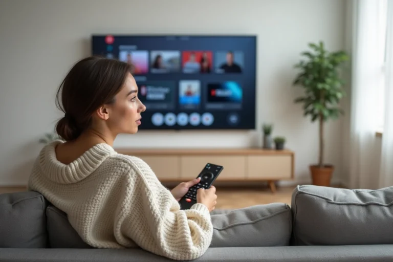 Jeune femme parcourant une plateforme de streaming gratuit sur sa télévision dans un salon moderne et minimaliste